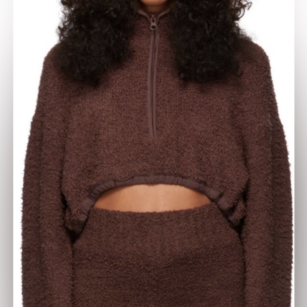 SKIMS Cozy Sherpa Teddy 1/2 Zip Crop Sweatshirt size S/M~Chocolate Brown